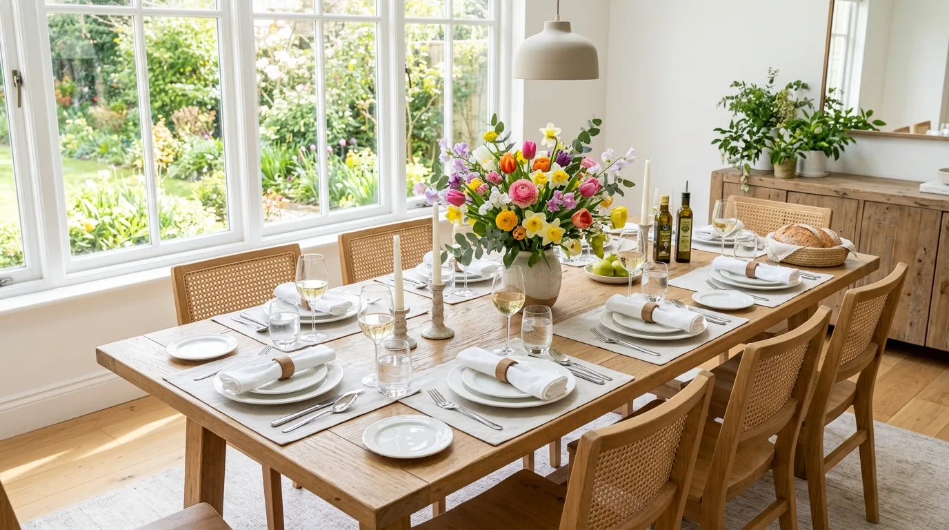 Bright spring dining table with colorful flowers and white tableware