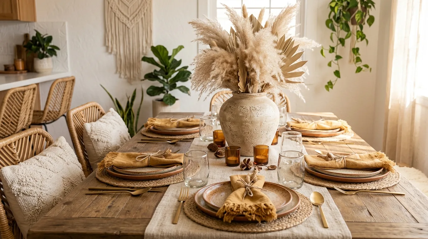 Boho spring dining table with woven placemats and pampas grass centerpiece