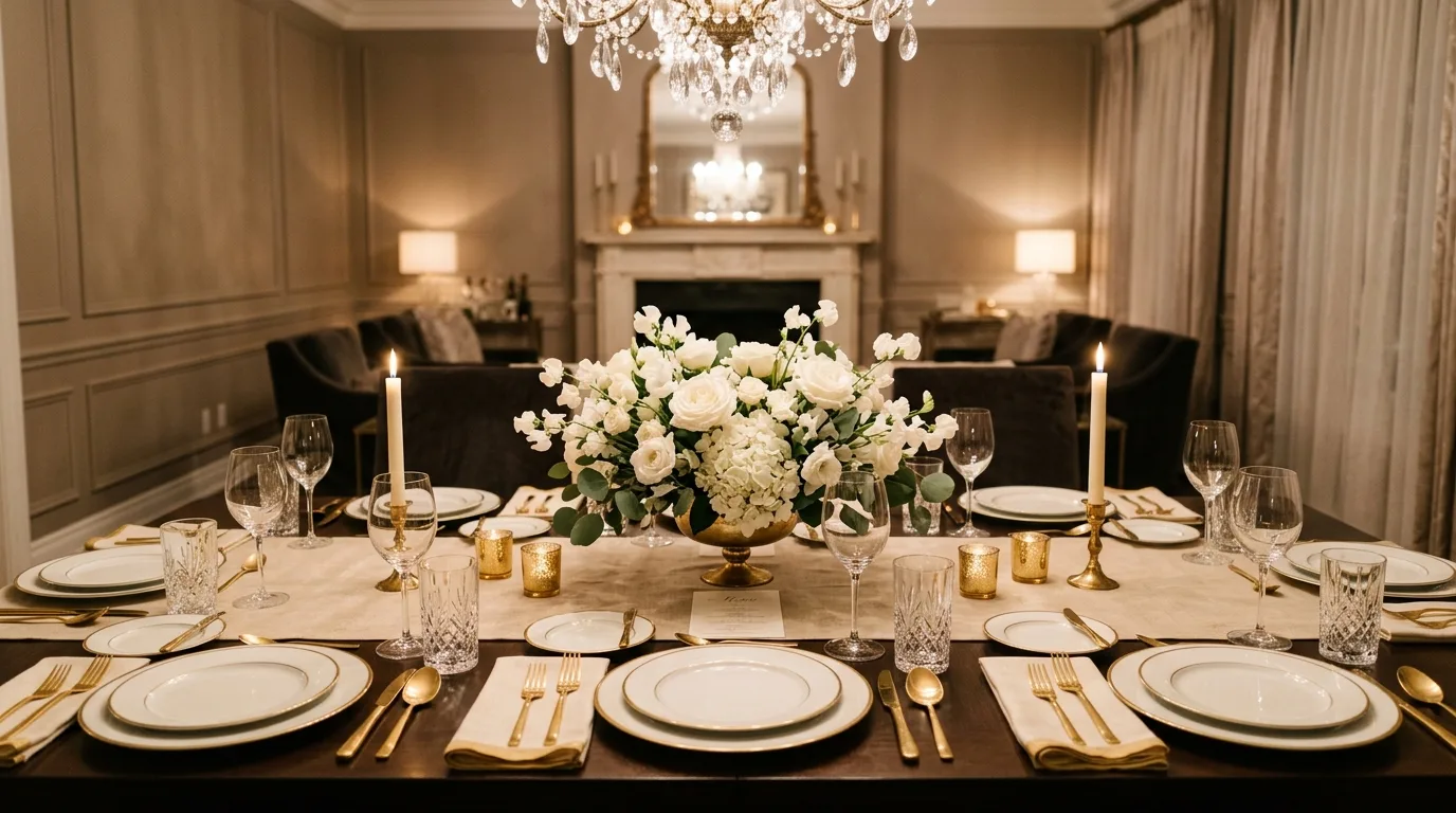 Elegant spring dining table with gold cutlery, crystal glasses, and white florals