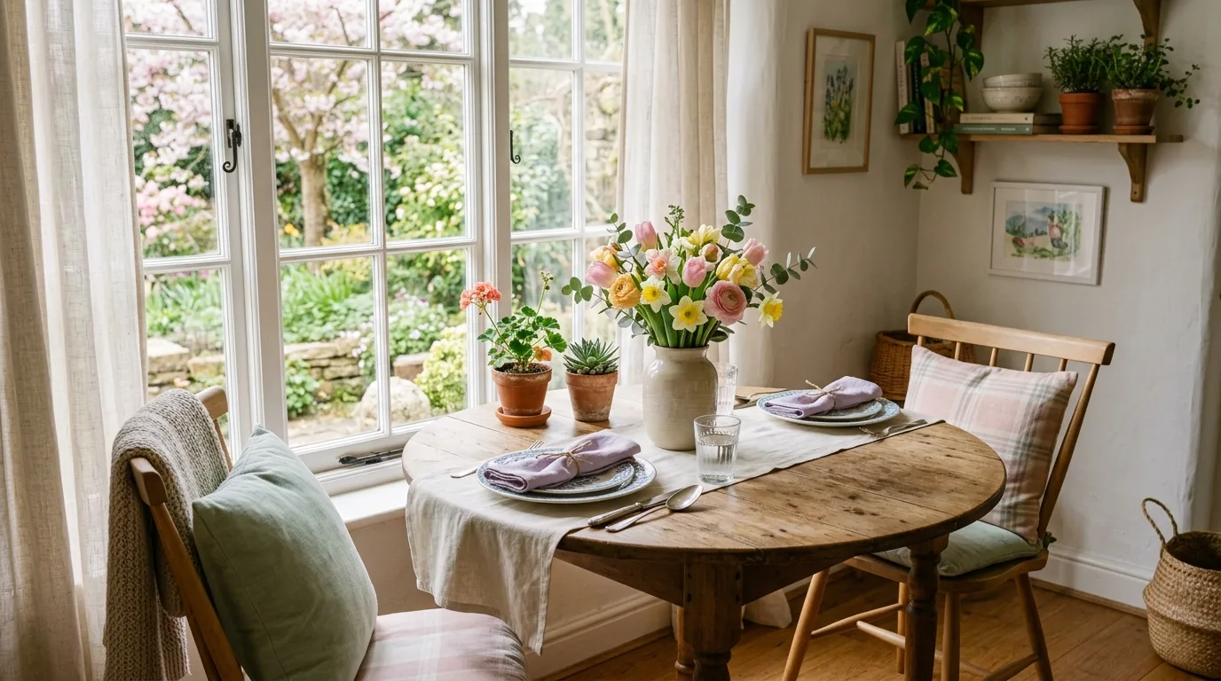 Cozy spring dining corner with potted plants and pastel accents