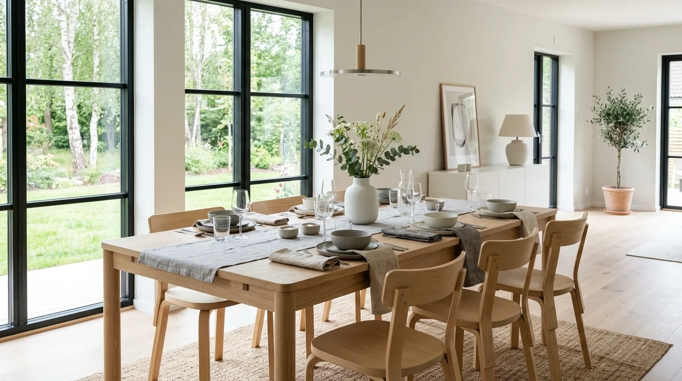 Scandinavian-style spring dining table with neutral tableware and soft florals