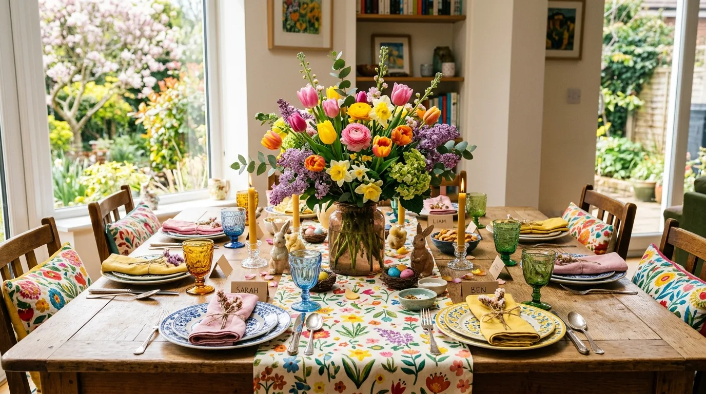 Vibrant spring table with patterned runner and colorful flowers