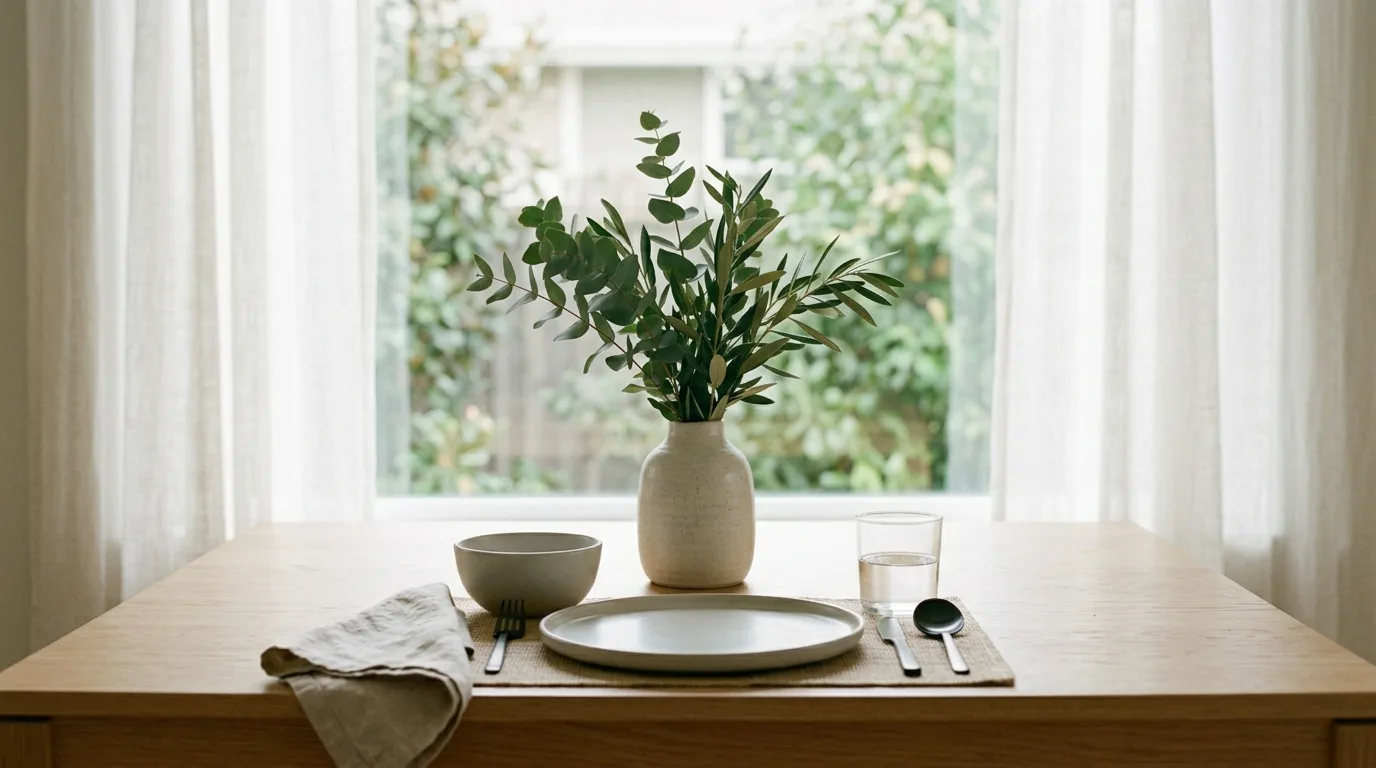 Minimal spring table with monochrome tableware and greenery centerpiece