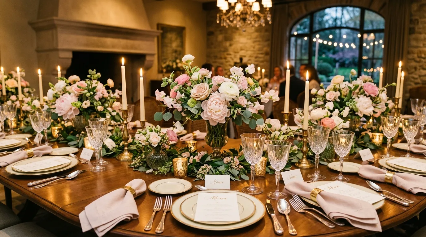 Luxury spring dining table with floral arrangements, polished glassware, and candles