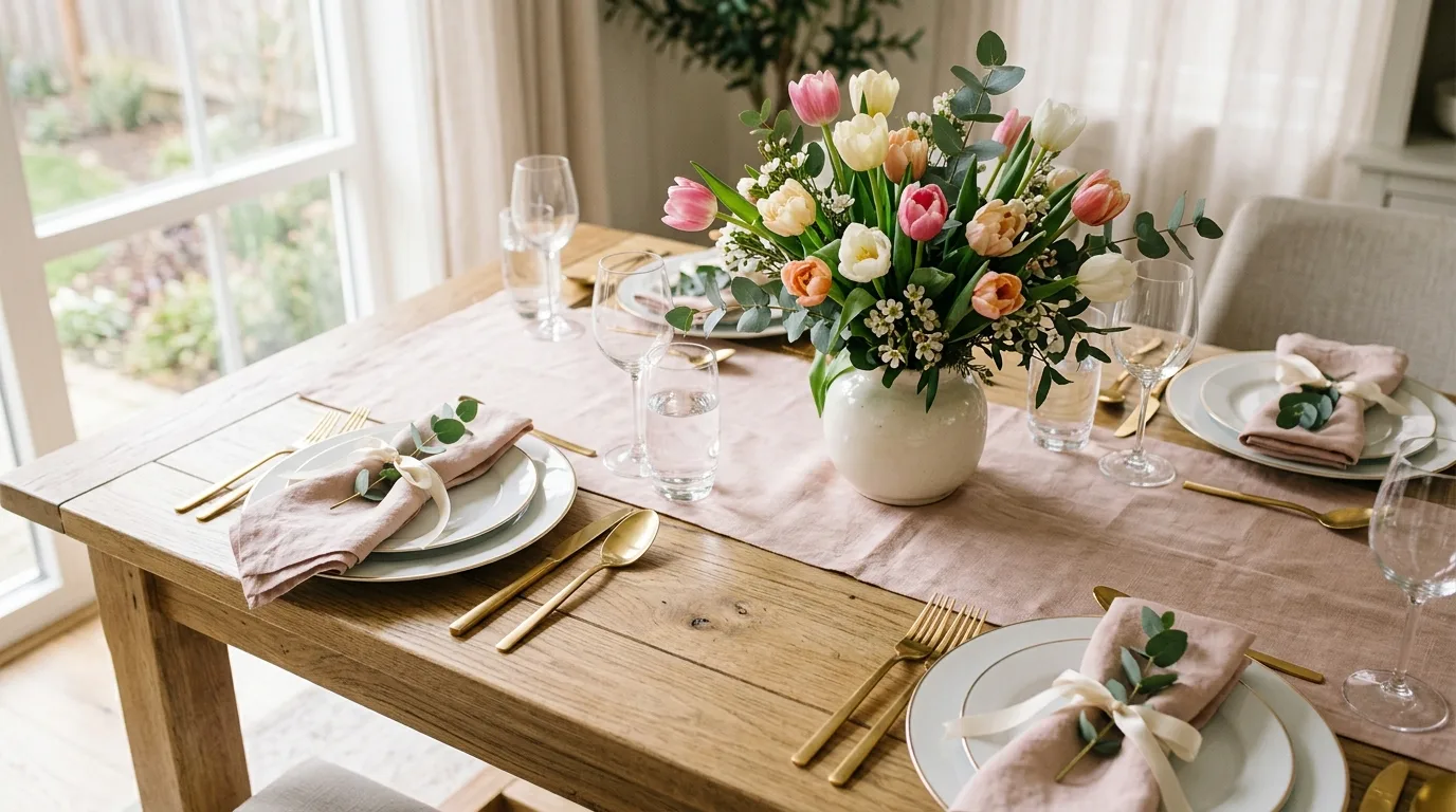 Elegant spring table setting with tulips gold cutlery and blush linens