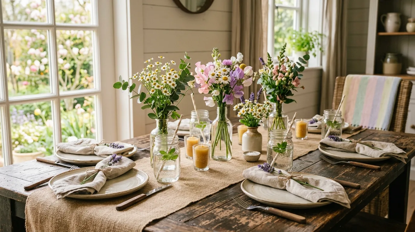 Rustic spring table setting with burlap runner, ceramic plates, mason jars, and wildflowers