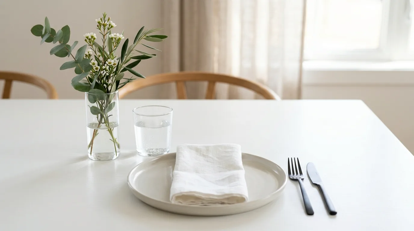 Minimalist spring table with neutral plates, white linen napkins, and single vase of greenery