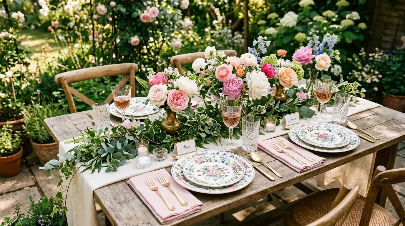 Garden inspired spring table setting with floral plates, pastel napkins, and peony centerpiece