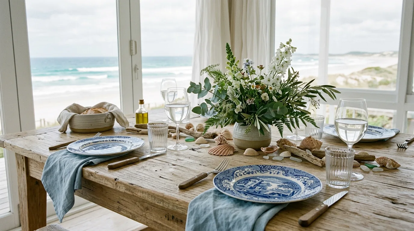 Coastal spring table setting with blue white plates, linen napkins, and greenery centerpiece