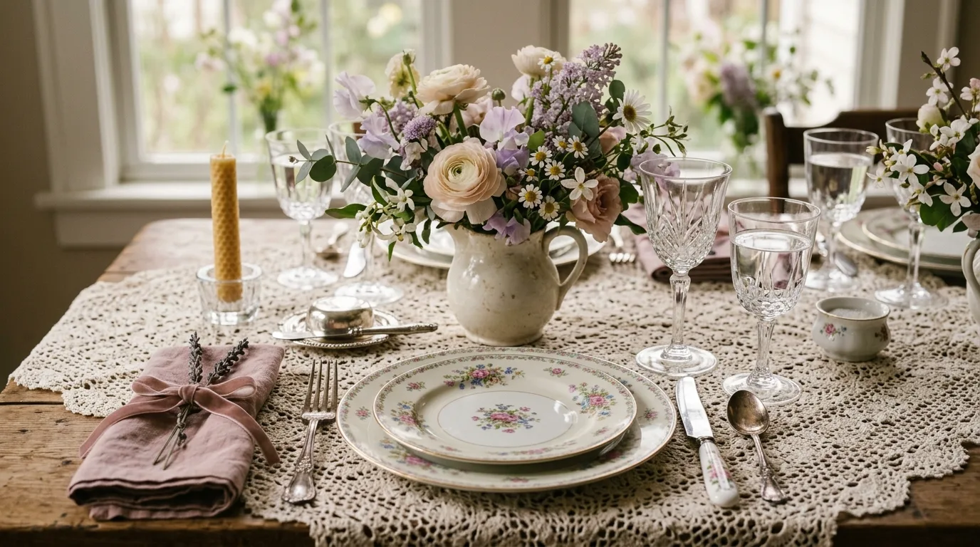 Vintage spring table setting with lace cloth, delicate china, and pastel floral arrangements