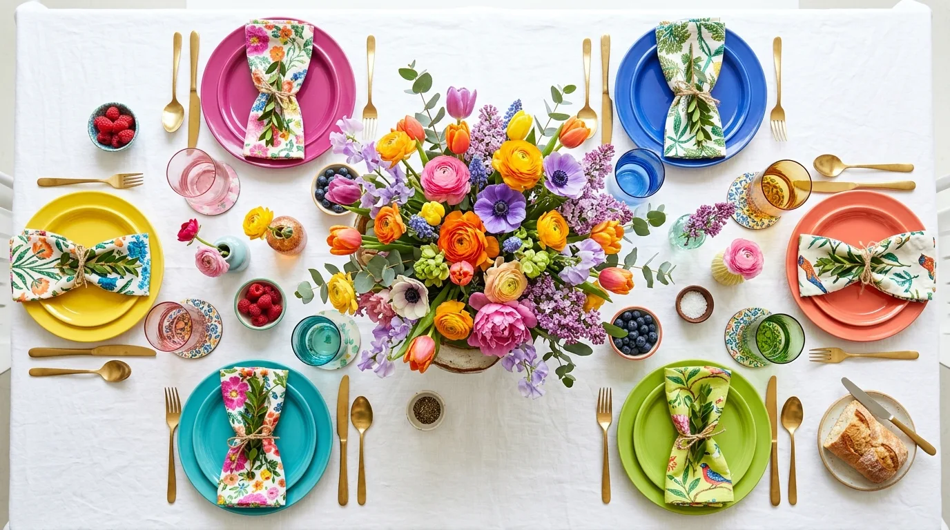 Bold spring table setting with vibrant plates, patterned napkins, and bright flower centerpiece