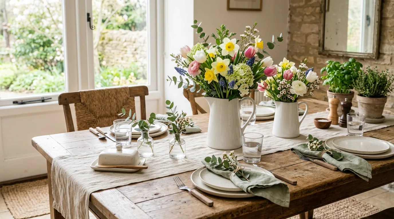 Farmhouse spring table setting with wooden table, neutral dishware, flowers, and greenery
