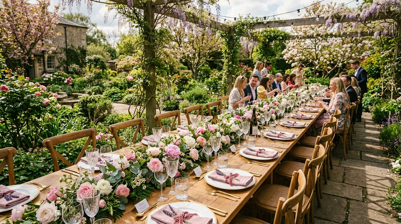 Elegant outdoor spring table setting with floral runners and glassware in sunlight