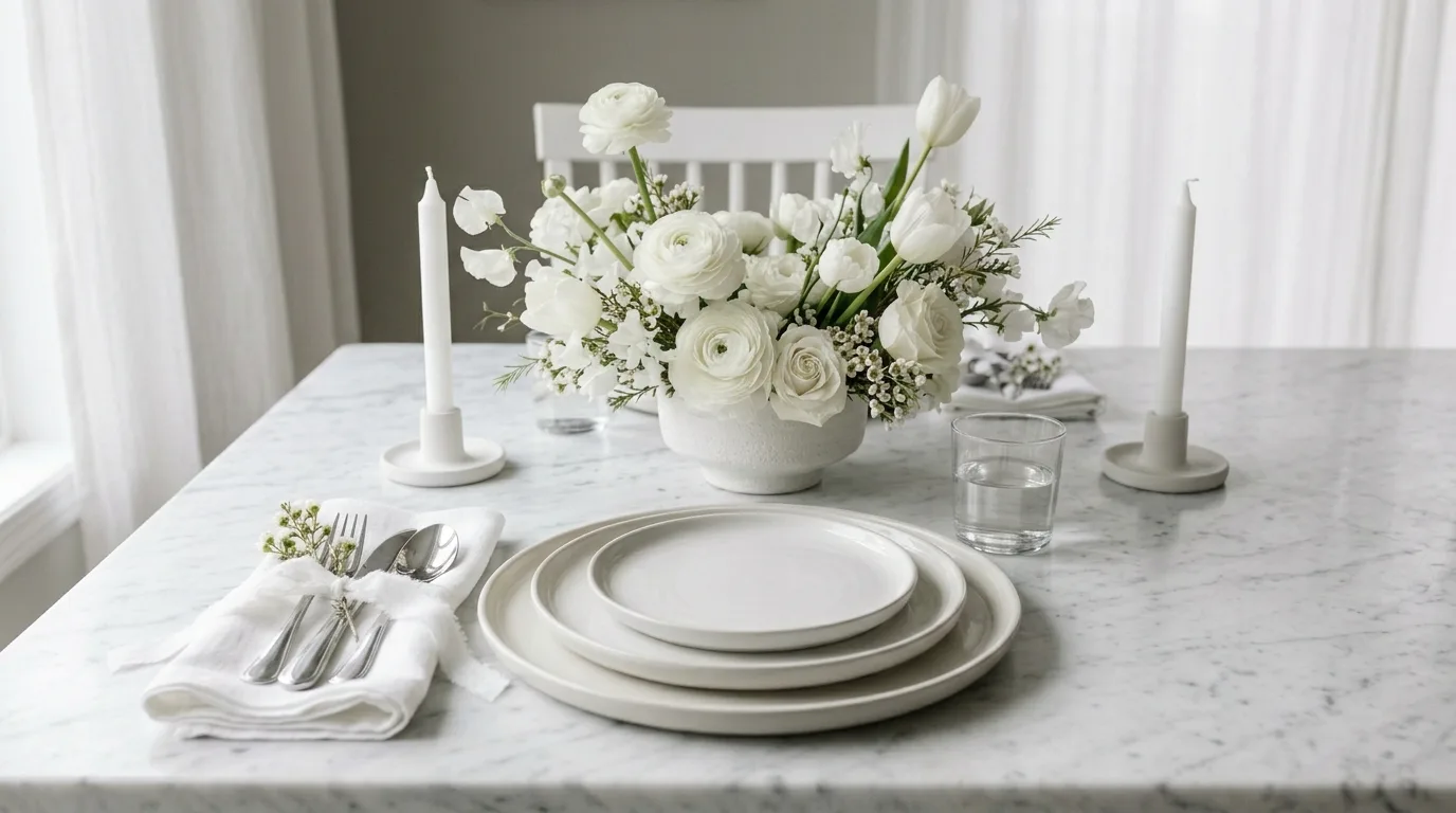 Monochrome spring table setting in white tones with layered plates and white floral centerpiece