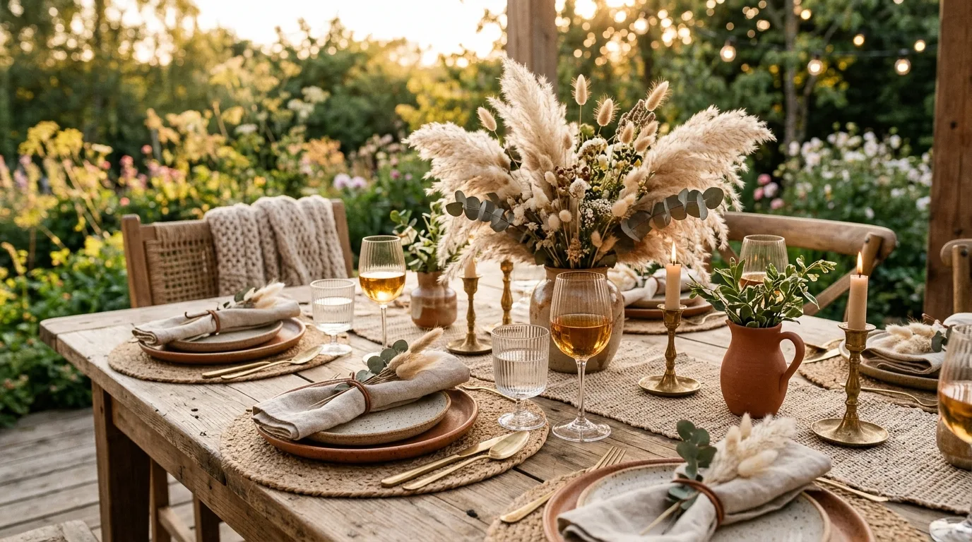 Boho spring table setting with woven placemats, earthy plates, pampas grass, and linen textiles