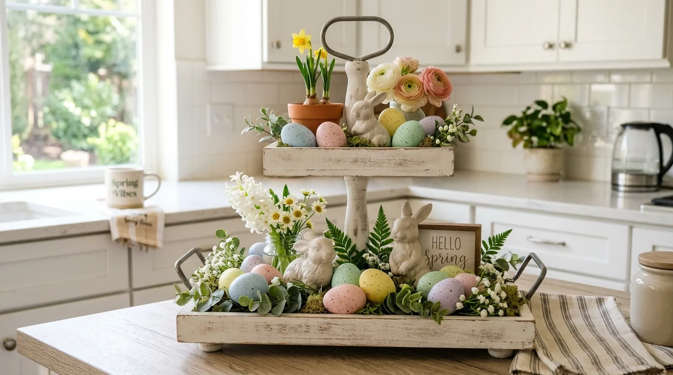Two-tier tray styled with pastel spring decor and greenery