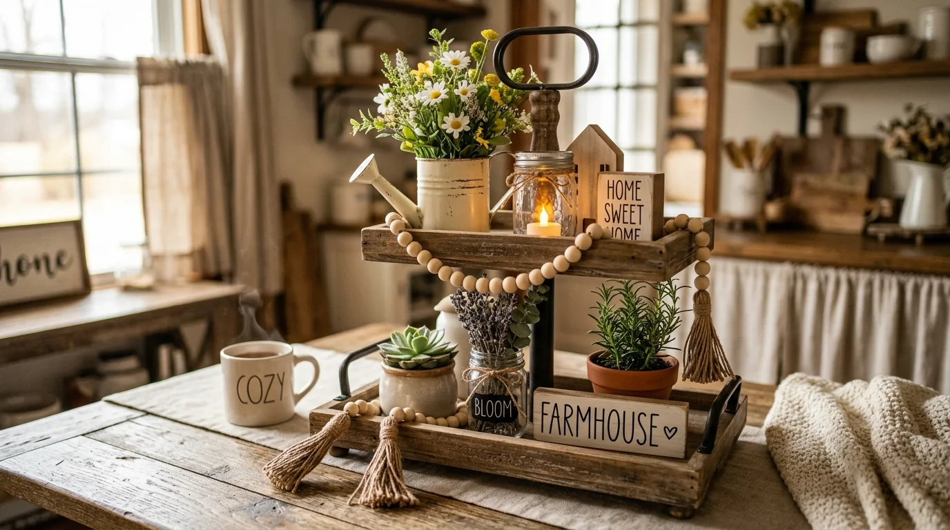 Rustic farmhouse spring tiered tray with flower pots and mason jars