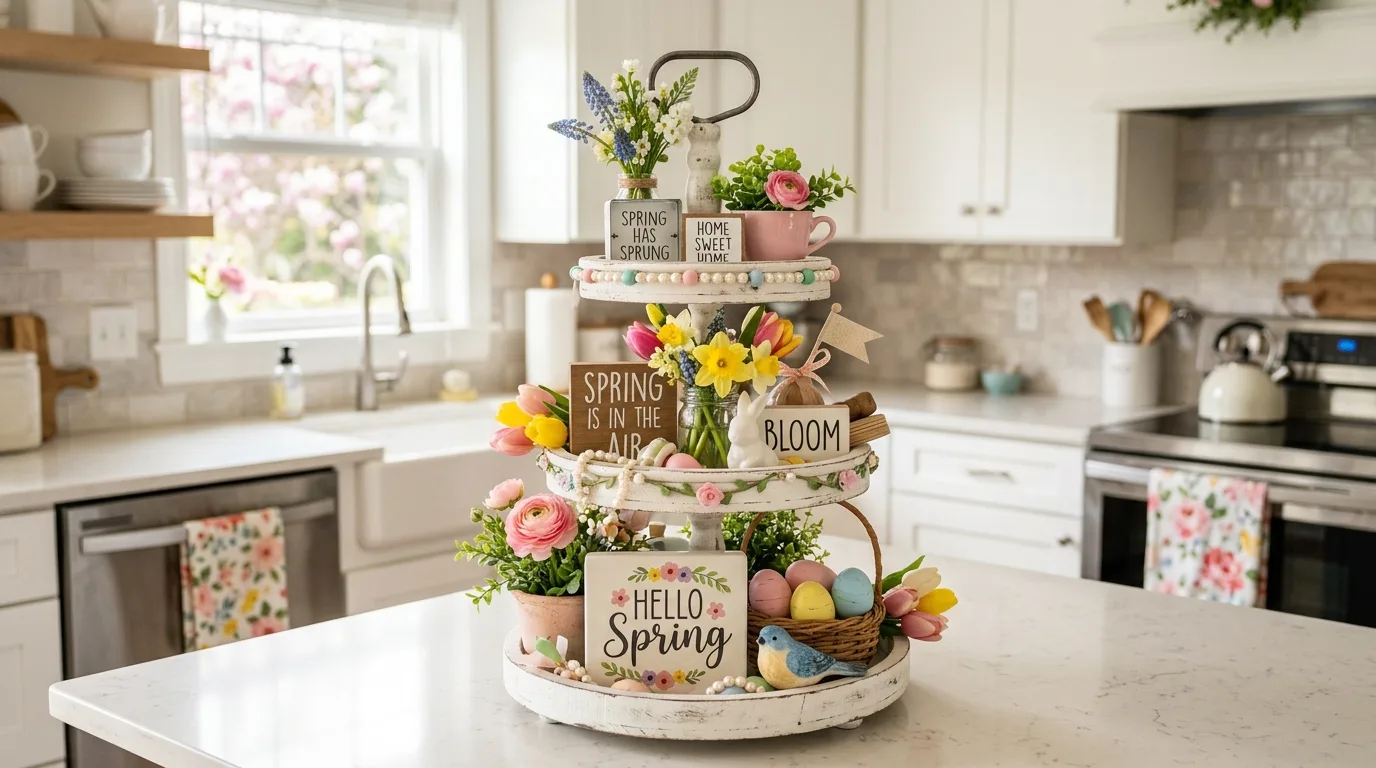 Pastel spring tiered tray with colorful floral accents
