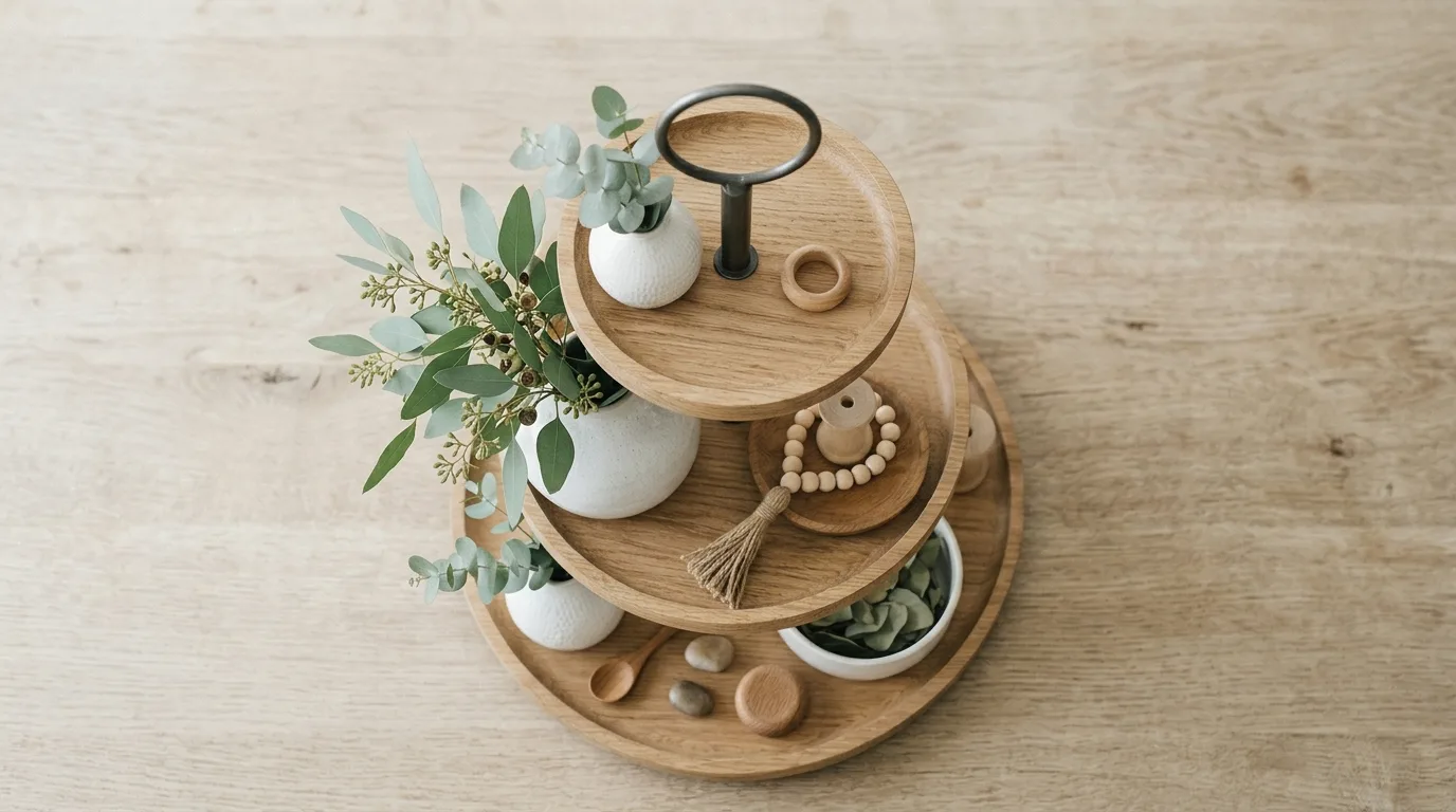 Minimalist spring tiered tray with white ceramics and eucalyptus