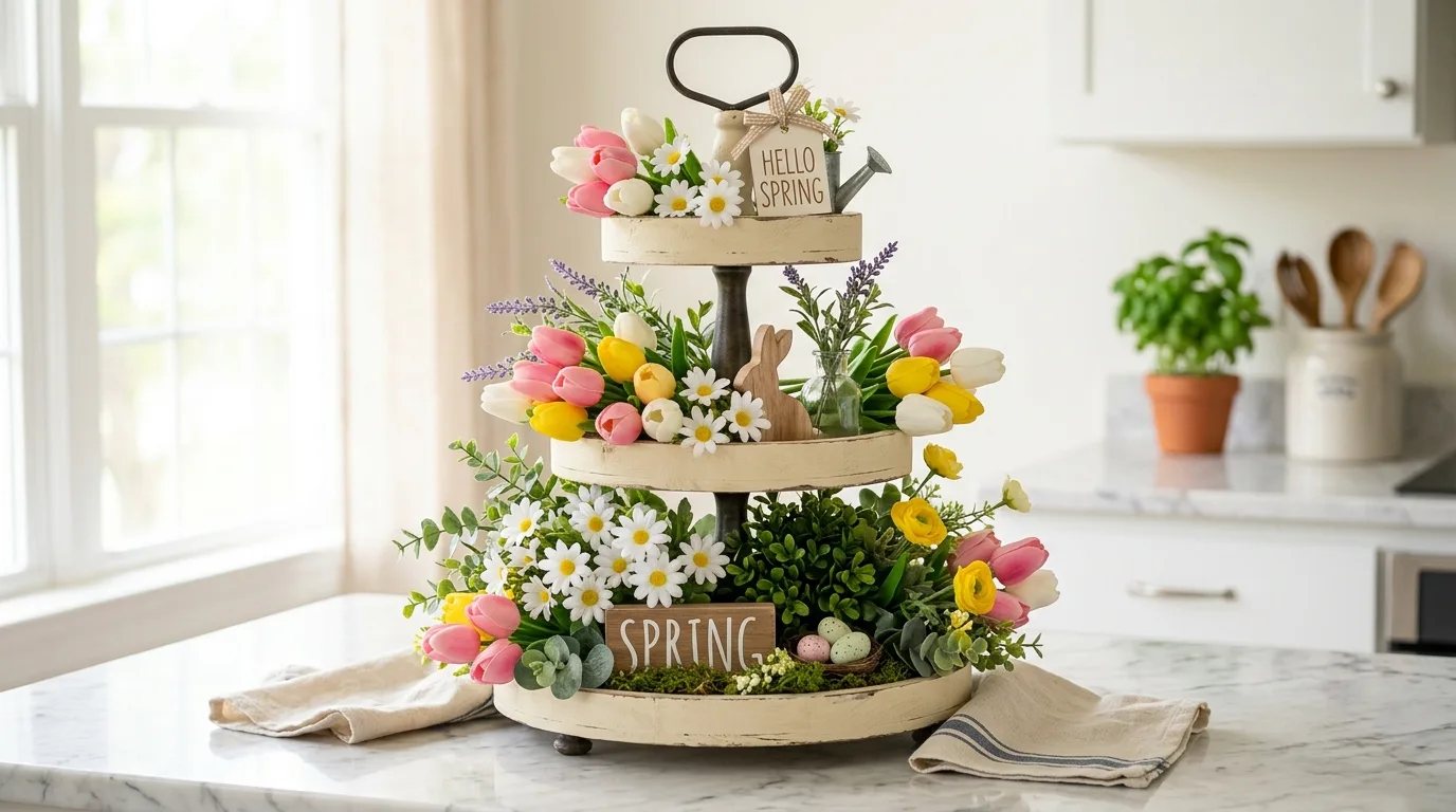 Floral spring tiered tray with tulips and daisies on a marble counter