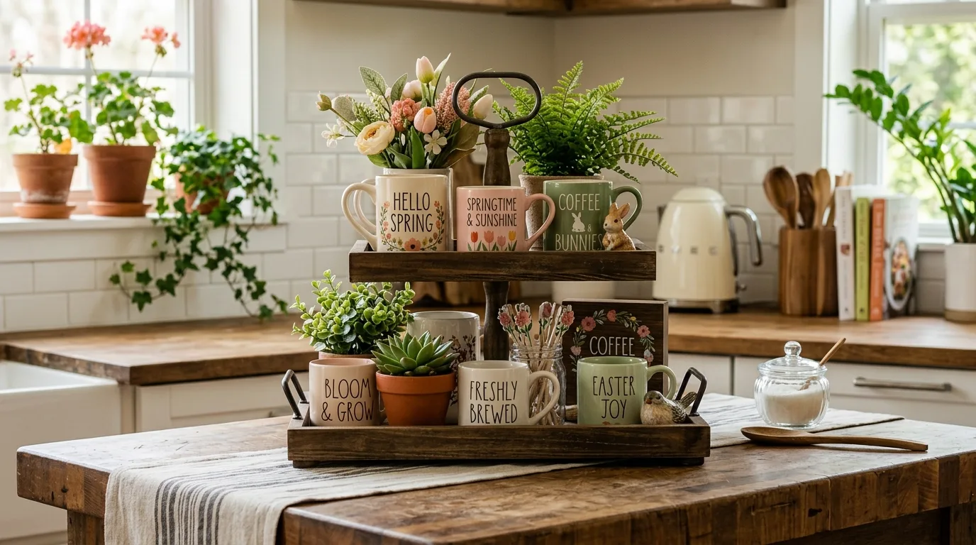 Coffee station tiered tray decorated with spring mugs and florals
