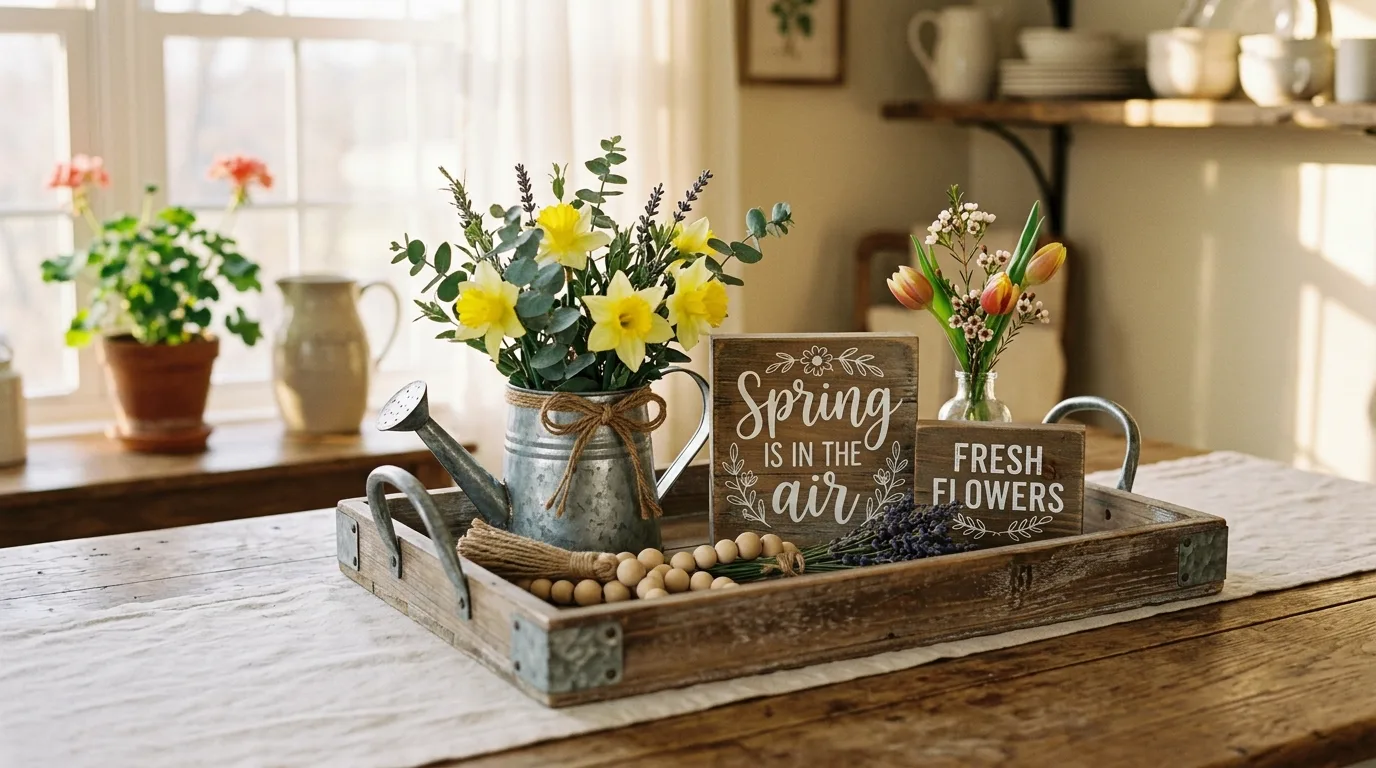 Farmhouse spring tray with galvanized metal accents and mini watering cans