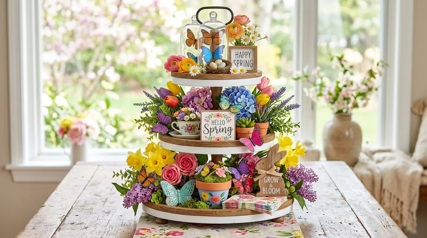 Colorful spring tiered tray with butterfly decor and bright flowers