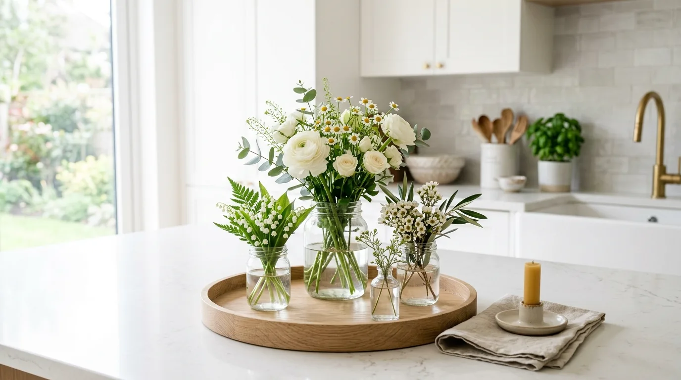 Elegant spring tray with glass jars, white flowers, and greenery