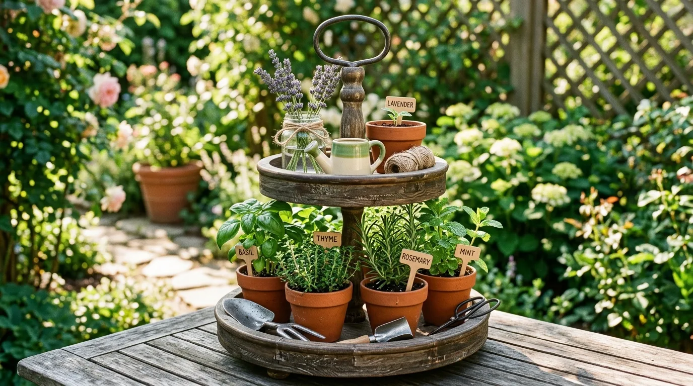 Garden-inspired tiered tray with potted herbs and miniature tools