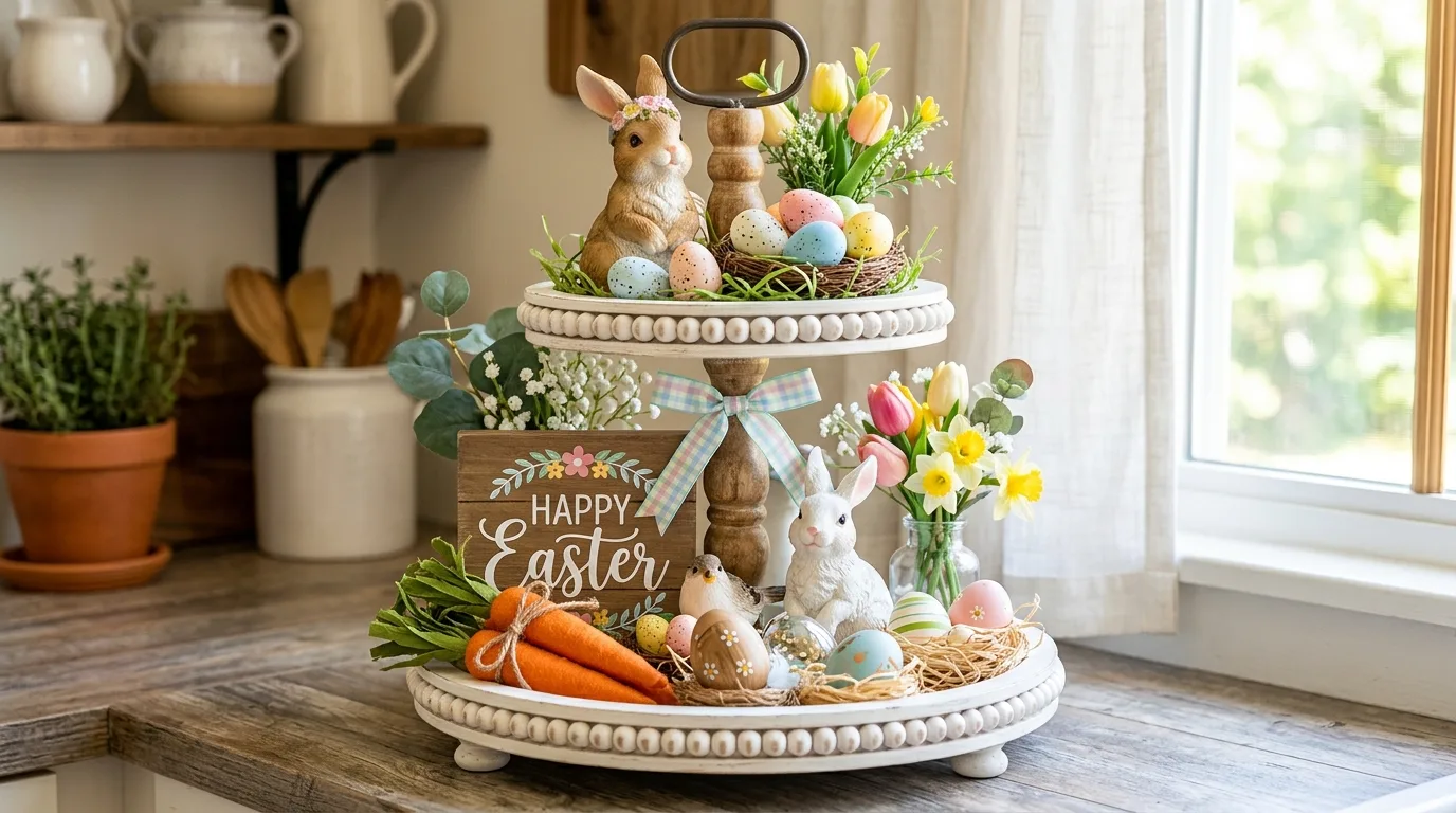Seasonal spring tiered tray with Easter eggs, carrots, and bunny figurines
