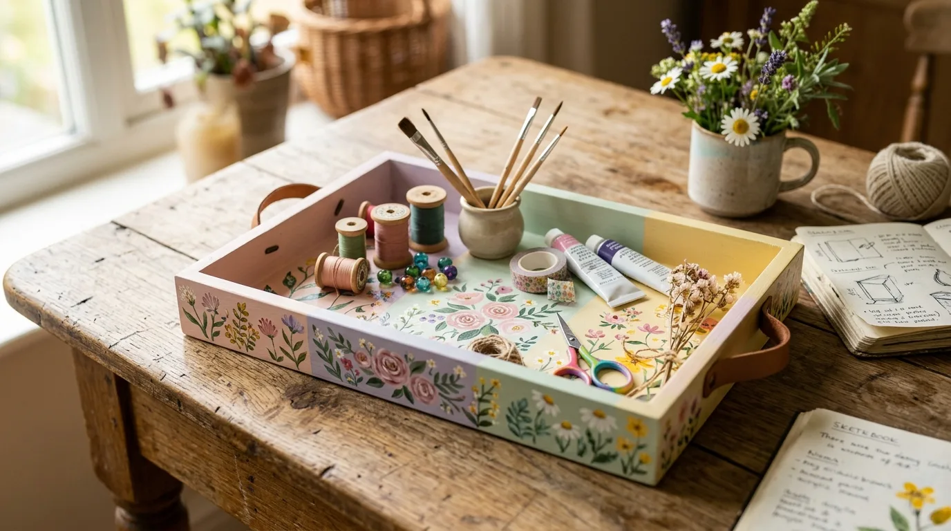 DIY wooden tray painted in pastel colors with floral details