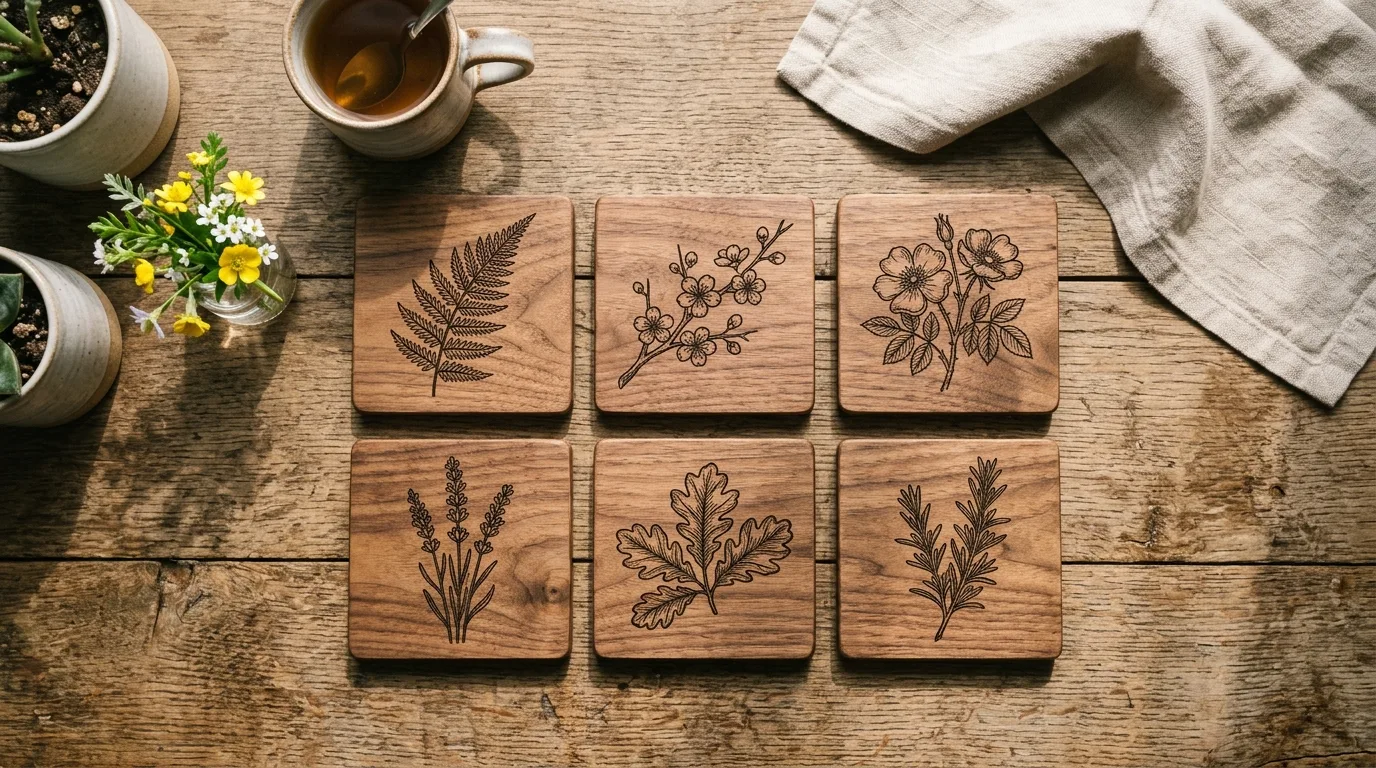 Handmade wooden coasters with engraved botanical designs