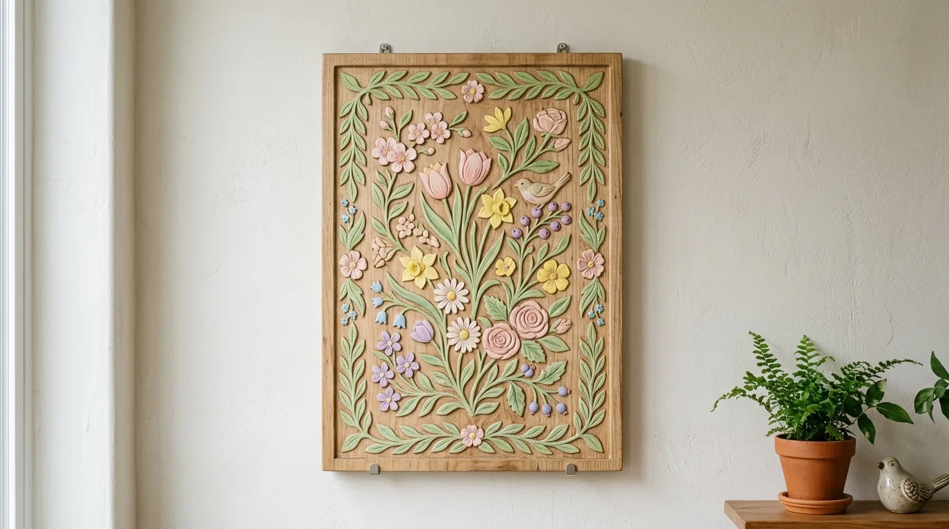 Wooden wall hanging with carved spring motifs painted in pastel tones