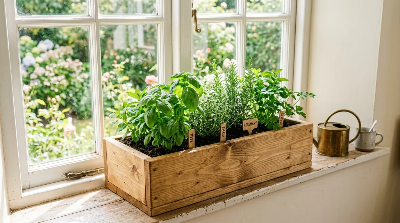 DIY wooden planter box filled with fresh green herbs