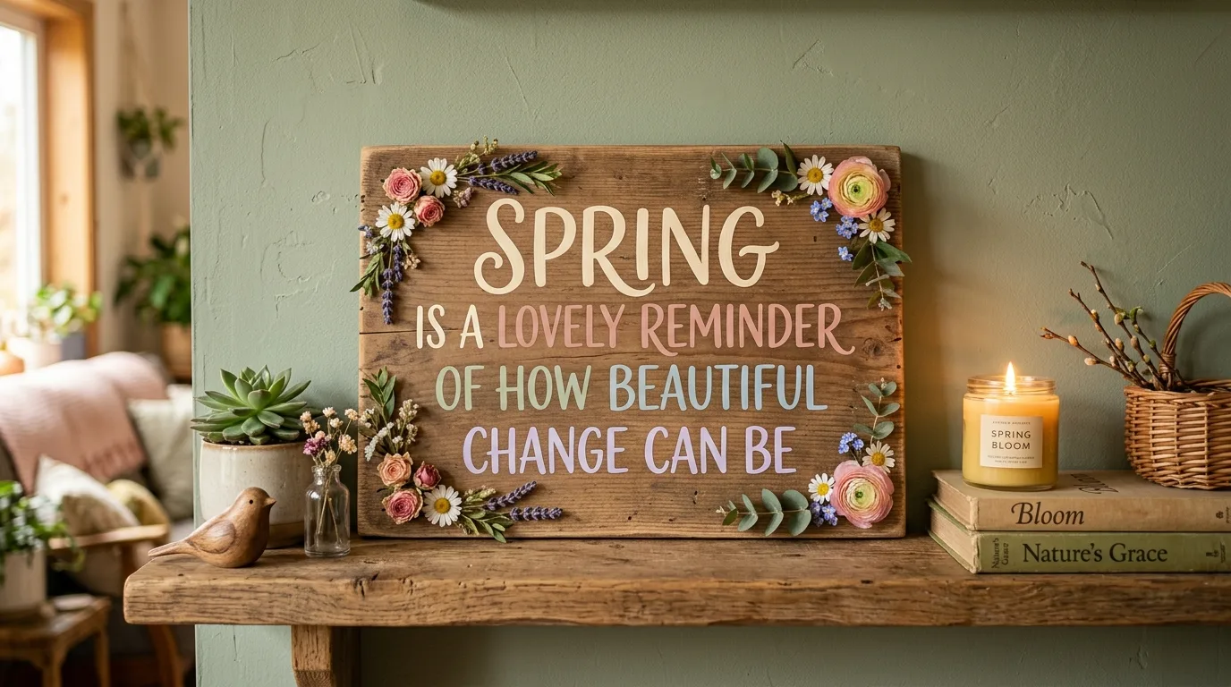 Handcrafted wooden sign with a spring quote and floral decoration