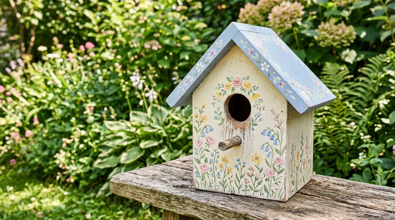 Wooden birdhouse painted in pastel shades with floral accents