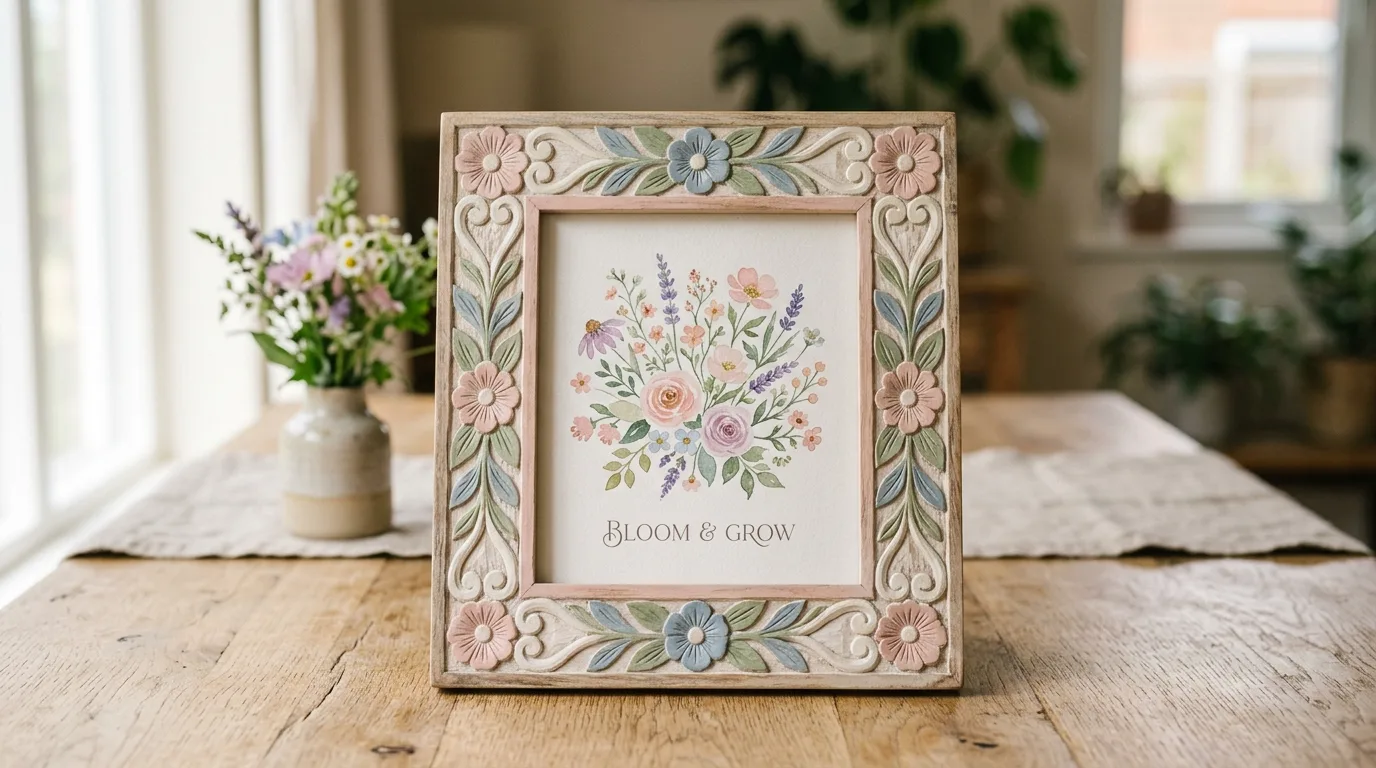 DIY wooden picture frame with carved details and soft pastel paint