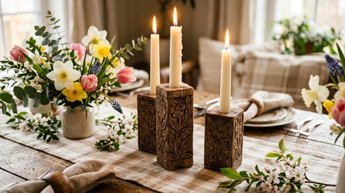 Rustic wooden candle holder set with carved patterns and white candles