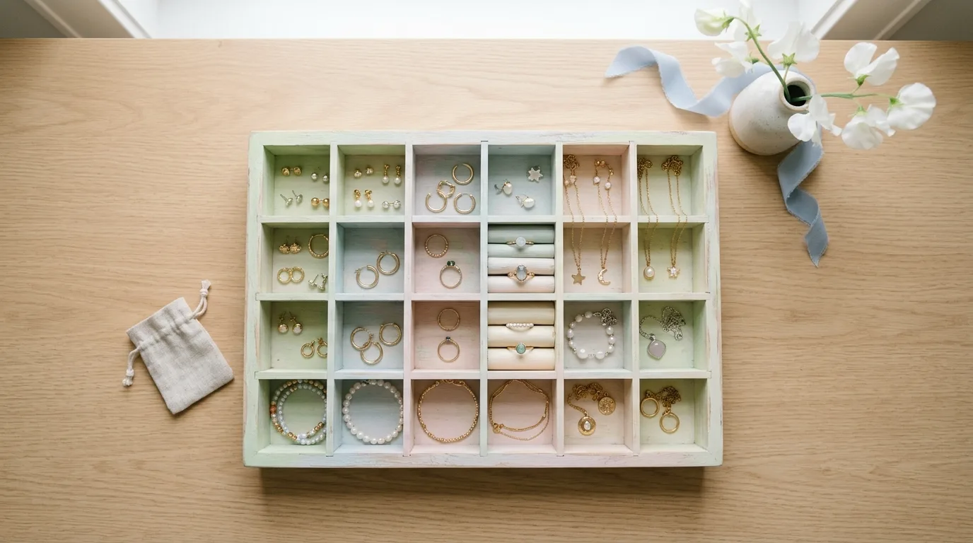 Wooden jewelry organizer painted in soft spring tones