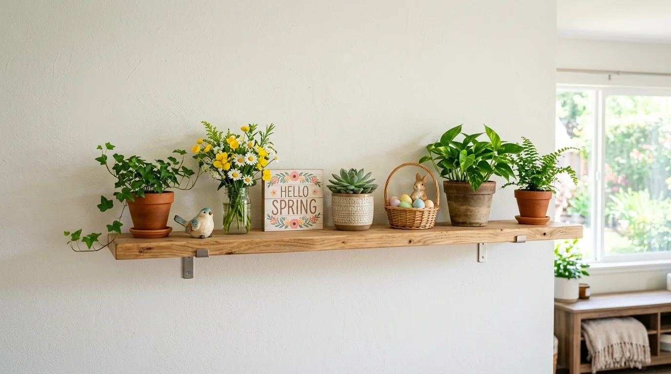 DIY wooden shelf with small potted plants and spring decor