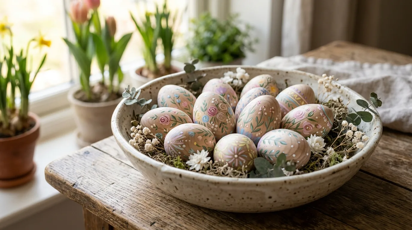 Painted wooden eggs with floral and pastel spring designs