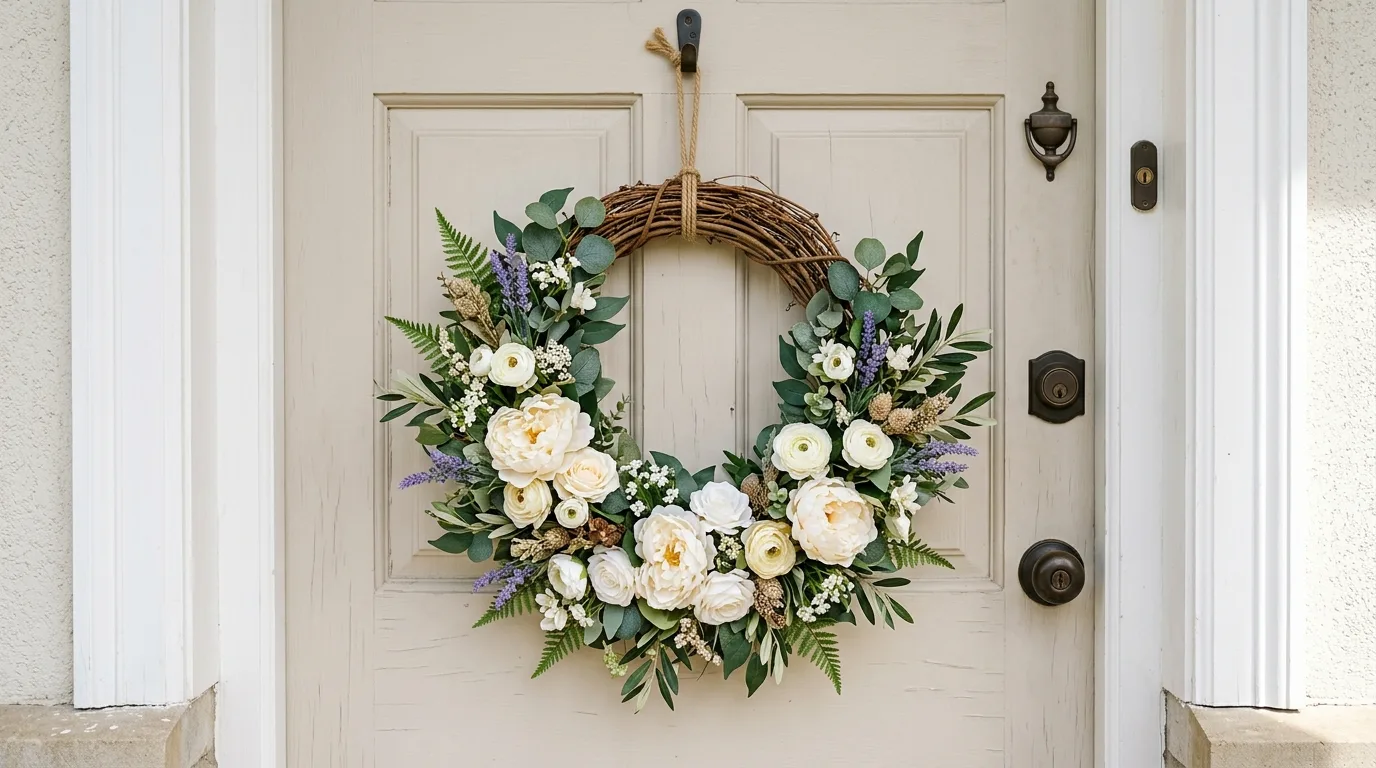 Handcrafted wooden wreath base decorated with faux flowers and greenery