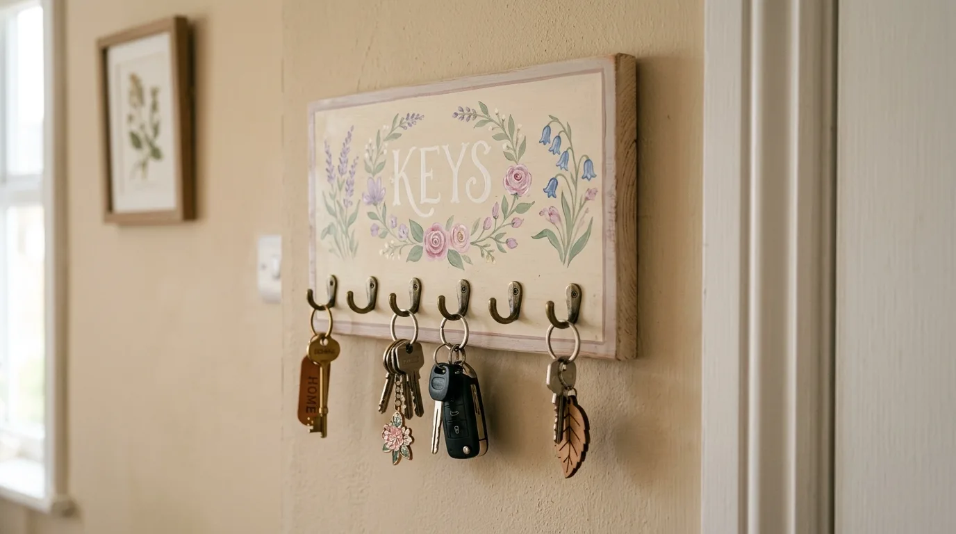 Simple wooden key holder board painted in soft pastel shades with floral accents
