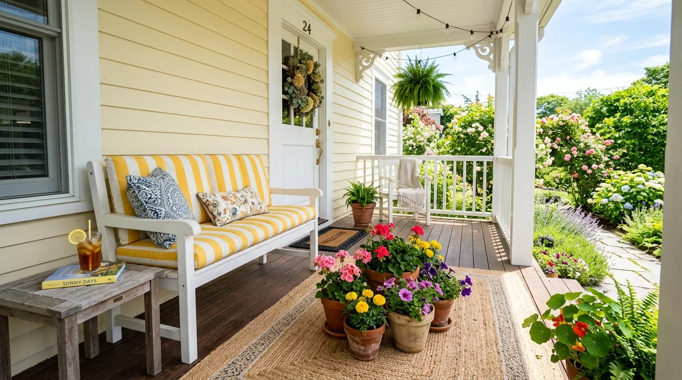 Bright summer front porch with striped cushions and terracotta potted flowers
