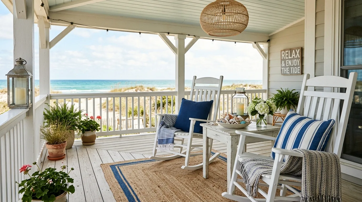Coastal front porch with white rocking chairs, blue cushions, and lanterns