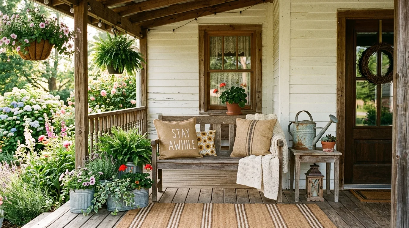 Rustic summer porch with wooden bench, burlap pillows, and galvanized planters
