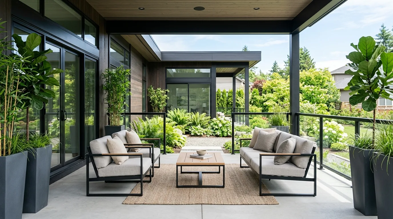 Modern porch with minimalist furniture, neutral cushions, and sleek planters