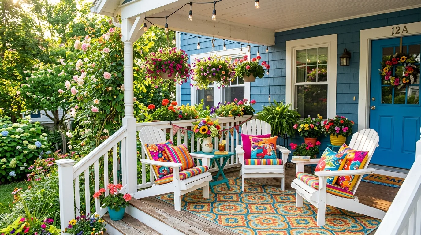 Colorful summer porch with vibrant pillows, flower baskets, and patterned rug