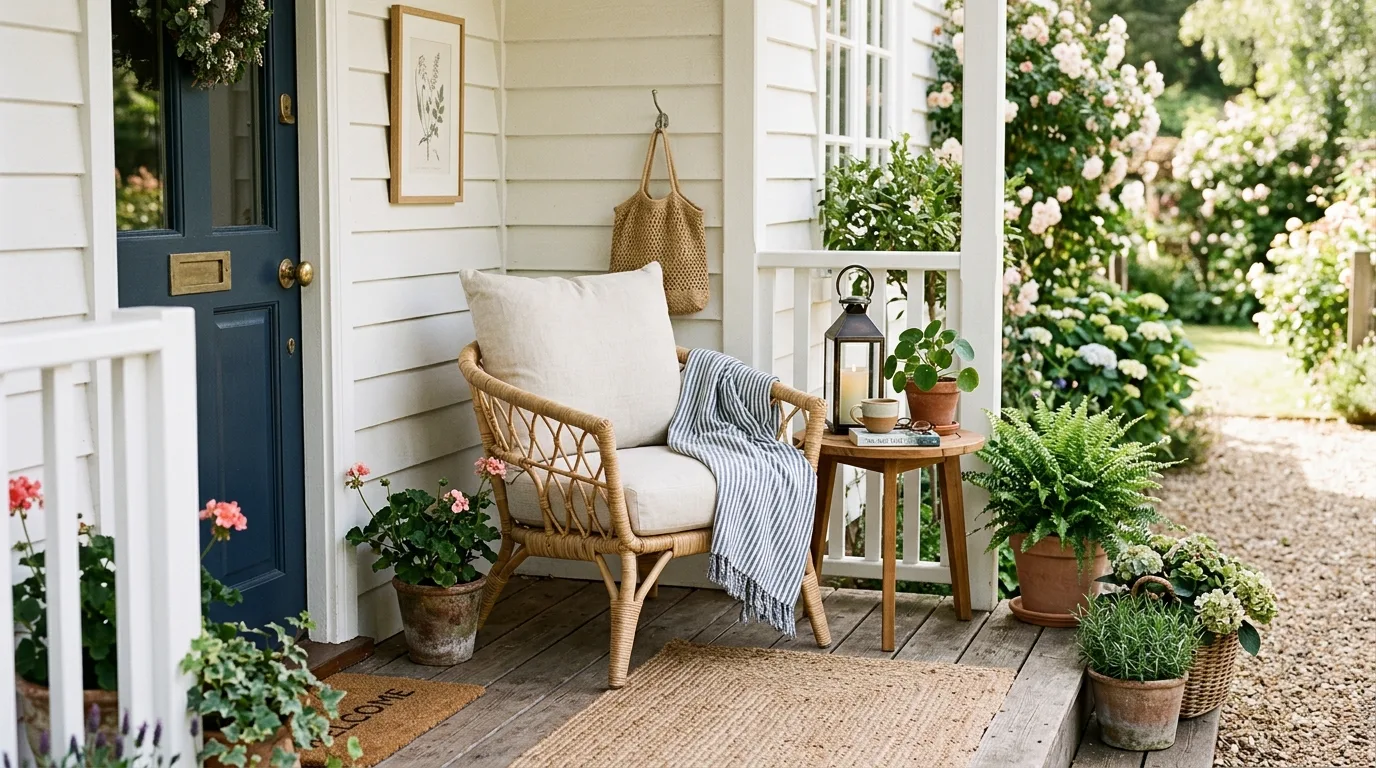 Small porch setup with compact chair, side table, lantern, and potted plants