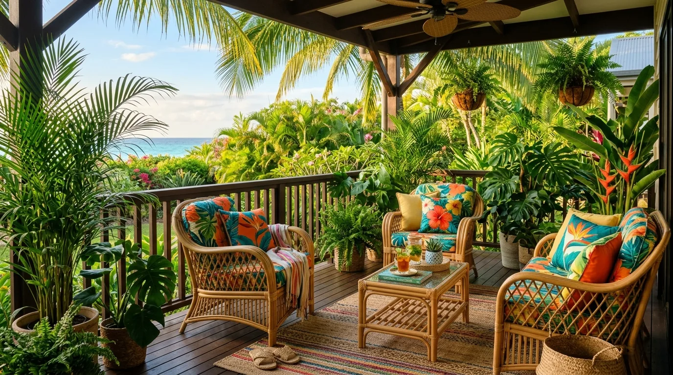 Tropical themed porch with rattan furniture, palm plants, and bright cushions
